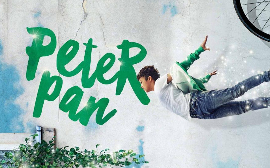 Peter Pan character flying with sparkles against a textured wall background.