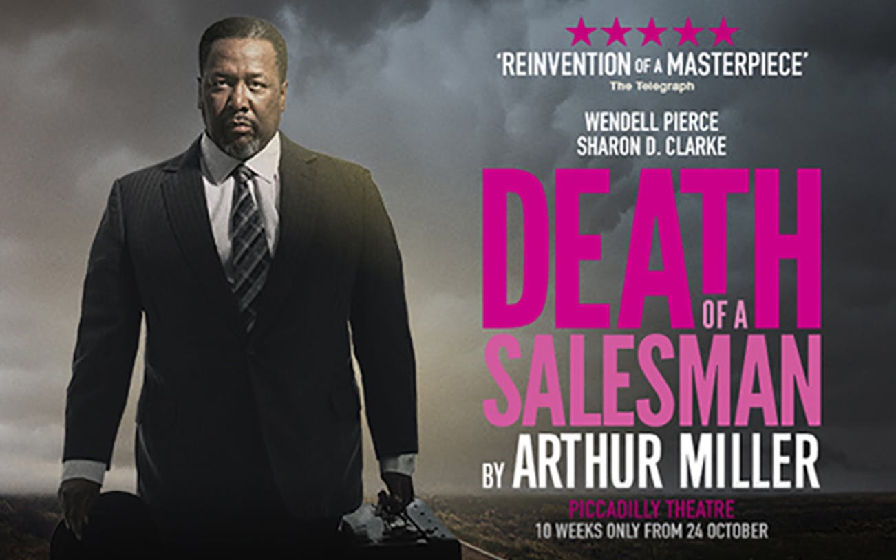 Death of a Salesman poster with actor in suit holding briefcase, Piccadilly Theatre