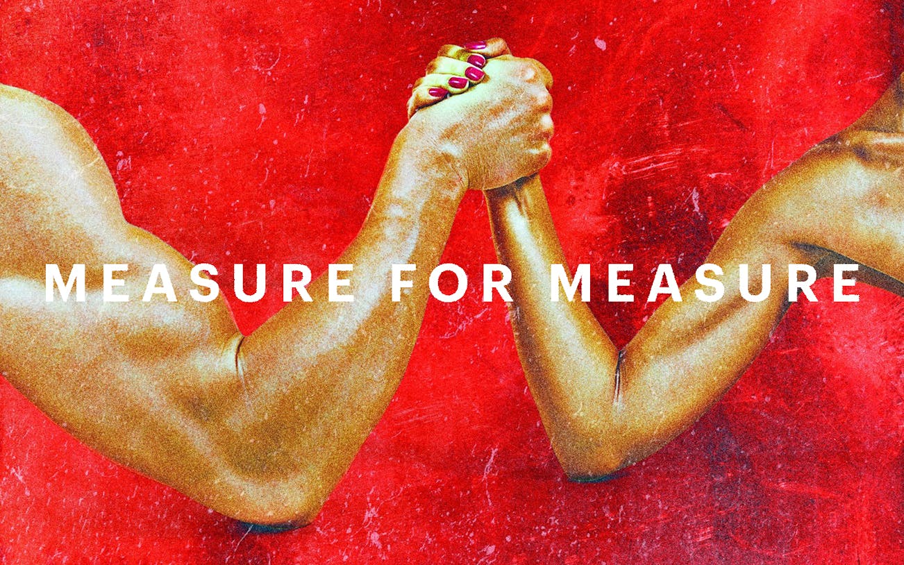 Arm wrestling hands with "Measure for Measure" text on red background.