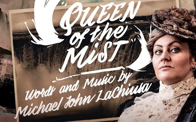 Queen of the Mist poster with waterfall background and historical figure