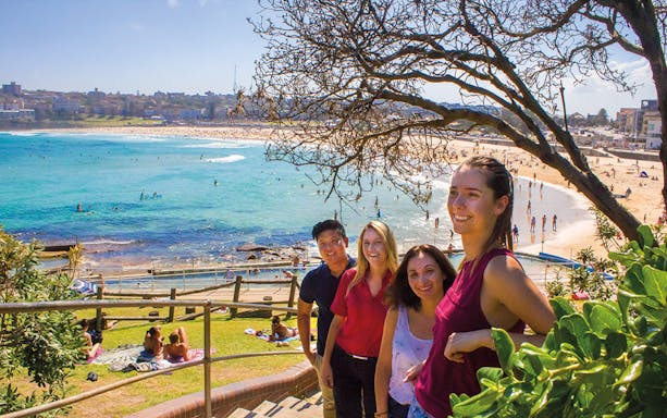Group enjoying Bondi Beach view on Sydney and Bondi Tour.