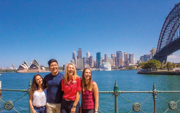 Group enjoying Sydney Opera House and Harbour Bridge view on Sydney and Bondi tour.