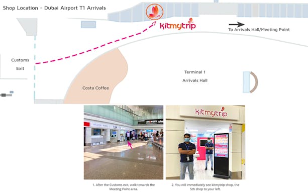 Kitmytrip shop location at Dubai Airport Terminal 1 for 4G SIM card pickup.