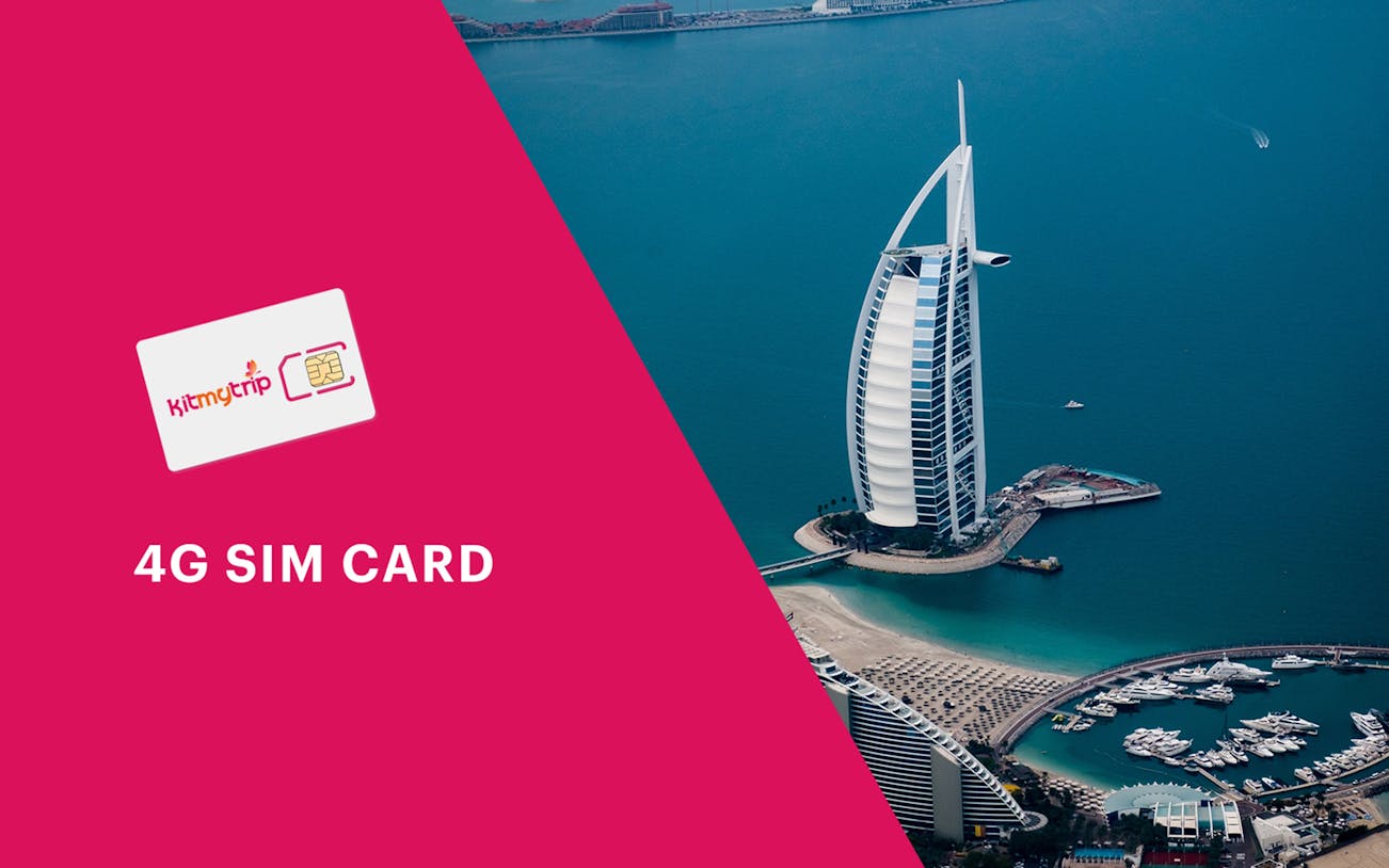 4G SIM card pickup at DXB Airport with Burj Al Arab view in Dubai.
