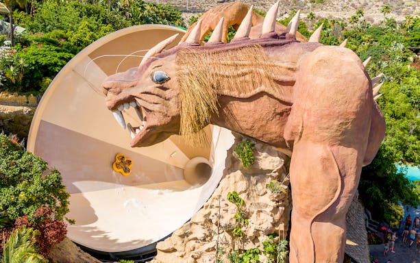 Water slide at Siam Park with dragon sculpture, Tenerife.