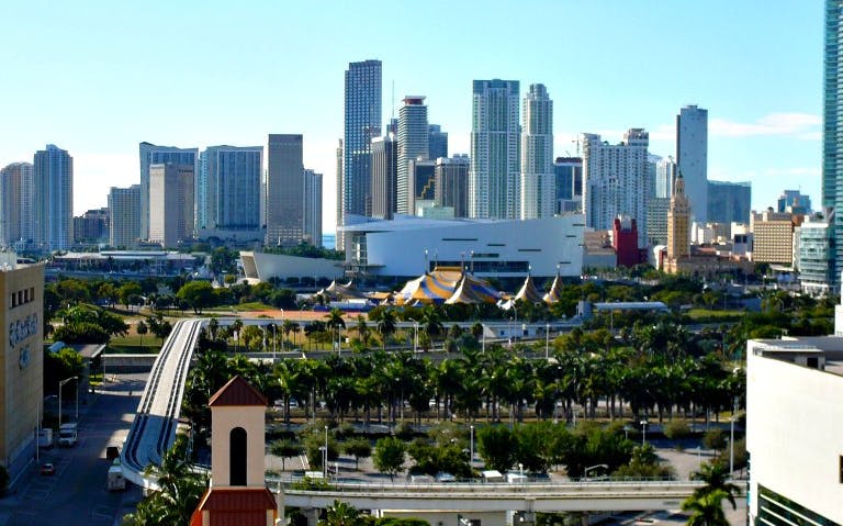 Miami skyline view from double decker bus tour.