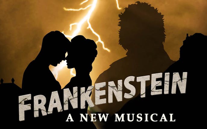 Silhouettes of a couple and a creature with lightning, promoting "Frankenstein: A New Musical.