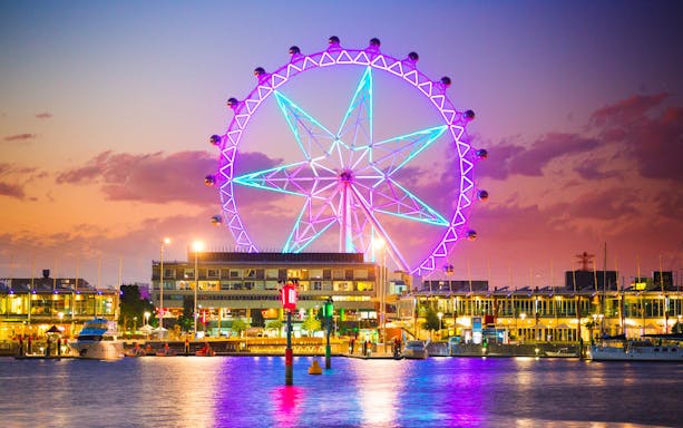 Melbourne Star Observation Wheel illuminated at sunset with waterfront view.