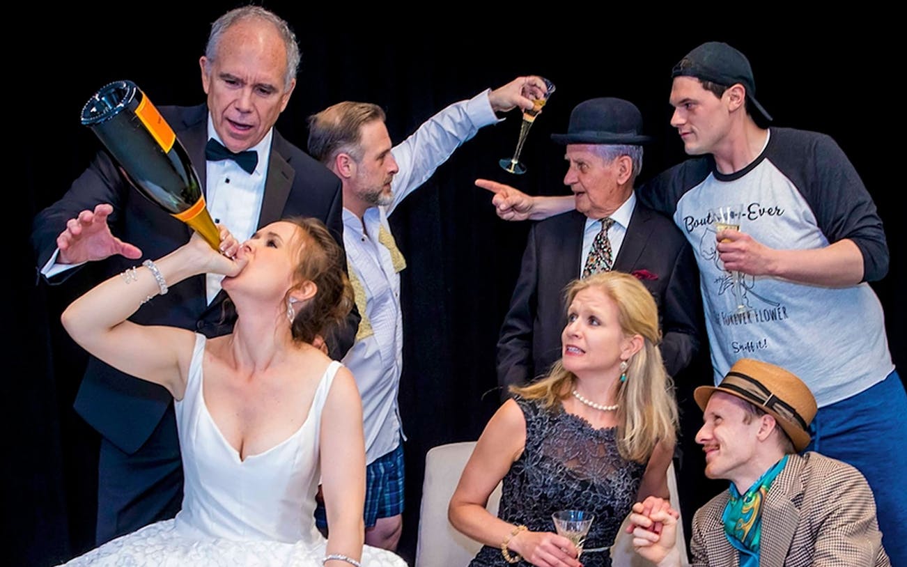 Group of people celebrating with champagne, related to "The Exes" event.