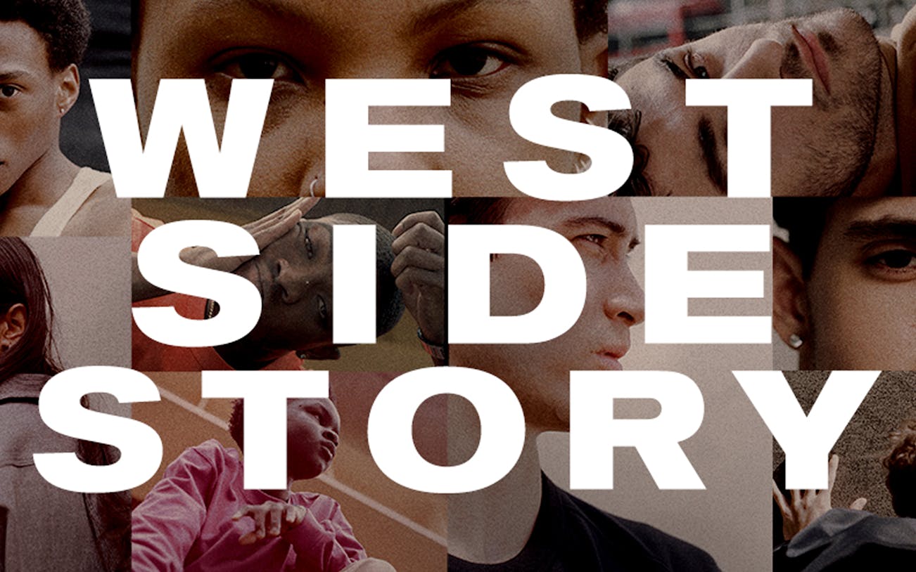 Collage of diverse faces with "West Side Story" text overlay.