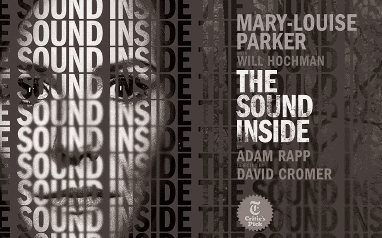 The Sound Inside" play poster with text and partial face.