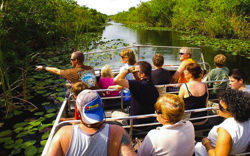 Everglades airboat tour with tourists exploring wetlands and wildlife.