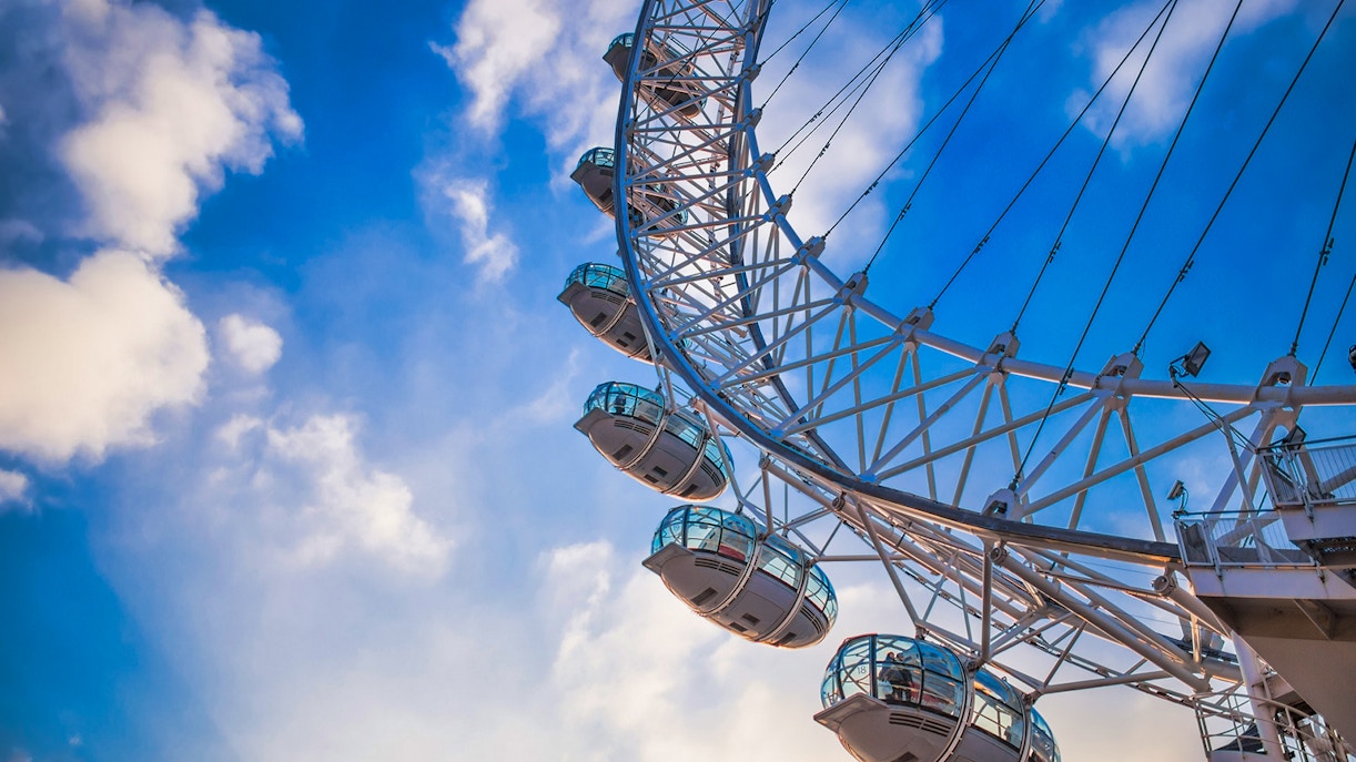 London Eye capsules against a blue sky, part of the river cruise experience.