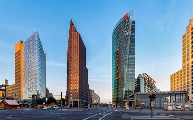 Potsdamer Platz buildings in Berlin, a stop on the Red Bus 24/48-Hr Hop-On Hop-Off Tour.