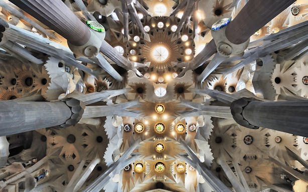 Sagrada Familia interior ceiling with intricate columns and stained glass, Barcelona.
