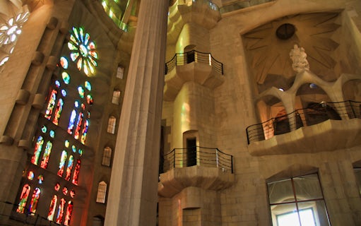 Stained glass windows and interior columns of Sagrada Familia, Barcelona.