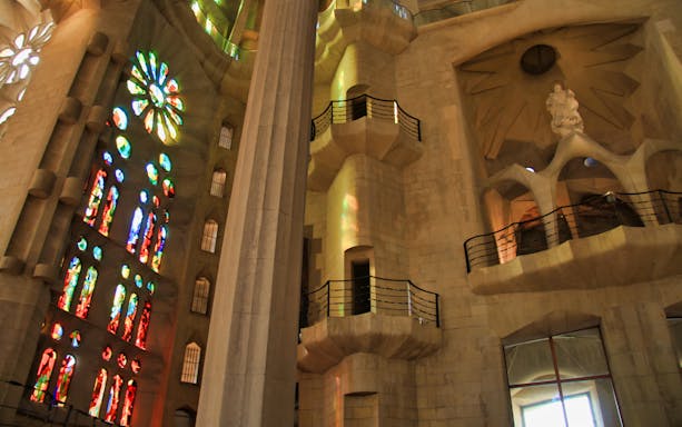 Stained glass windows and interior columns of Sagrada Familia, Barcelona.