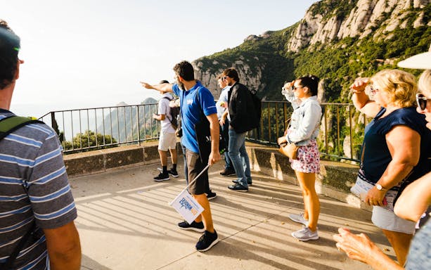 Tour group enjoying Montserrat views on Sagrada Familia & Montserrat guided tour.