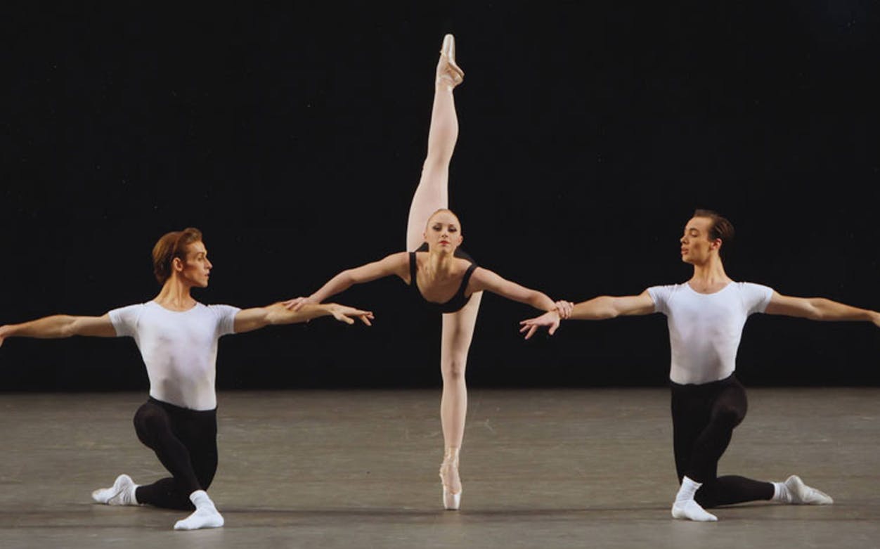 Ballet dancers performing Stravinsky & Balanchine choreography on stage.