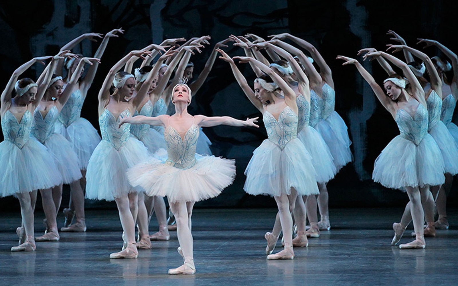 Ballet dancers performing Swan Lake on stage.