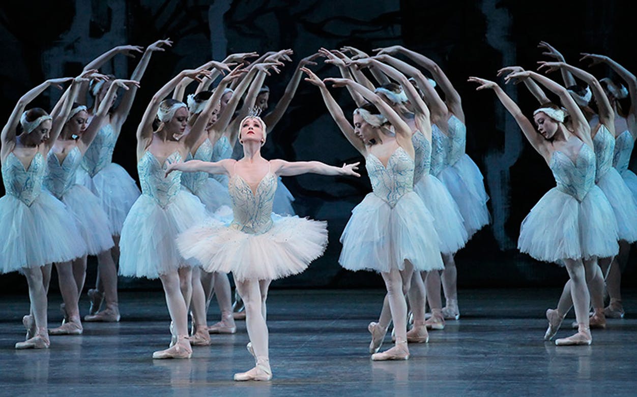 Ballet dancers performing Swan Lake on stage.