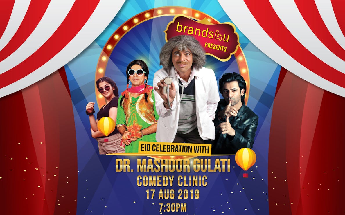 Eid celebration poster for Dr. Mashoor Gulati Comedy Clinic event on 17 Aug 2019 at 7:30 PM.