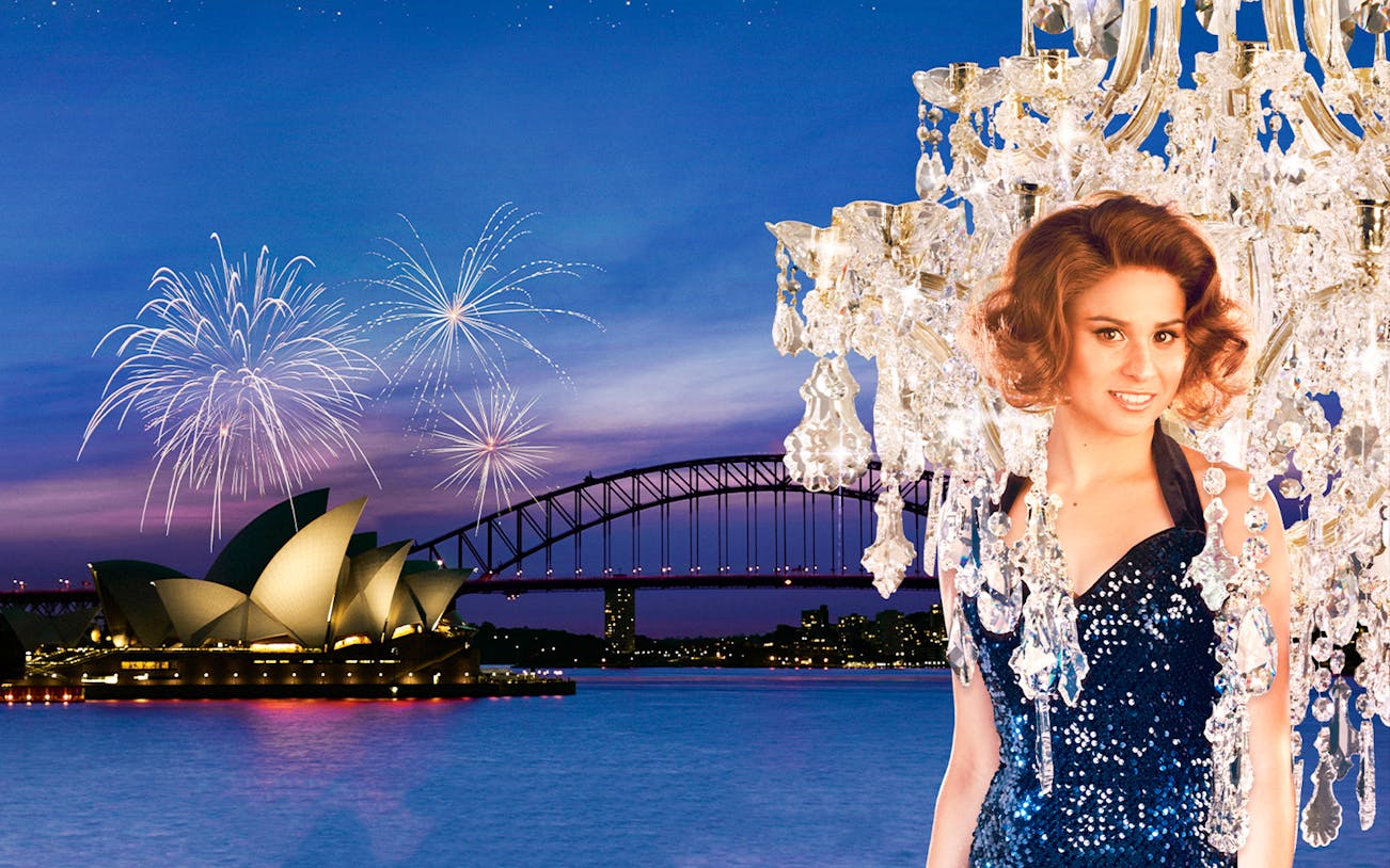 Sydney Opera House and Harbour Bridge with fireworks during La Traviata on Sydney Harbour.