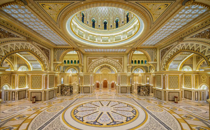 Qasr Al Watan grand hall interior with intricate patterns and ornate ceiling, Abu Dhabi.