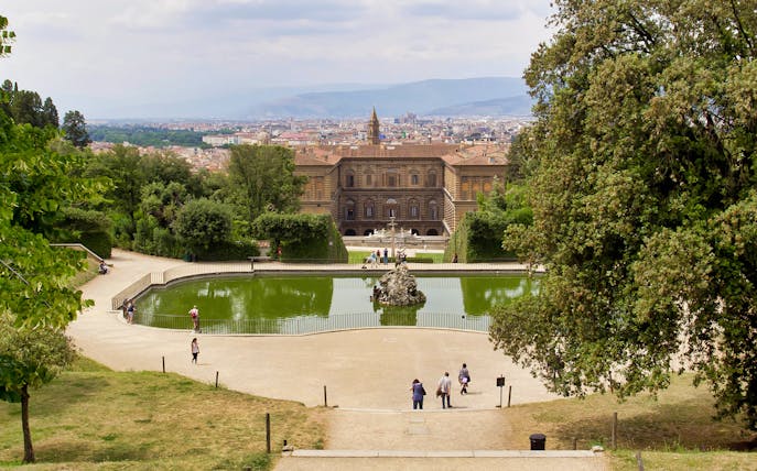 Boboli Gardens with view of Pitti Palace and pond, Florence, Italy.