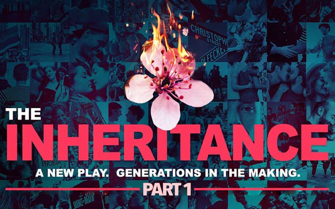 The Inheritance Part 1 play poster with collage of diverse couples and a burning flower.
