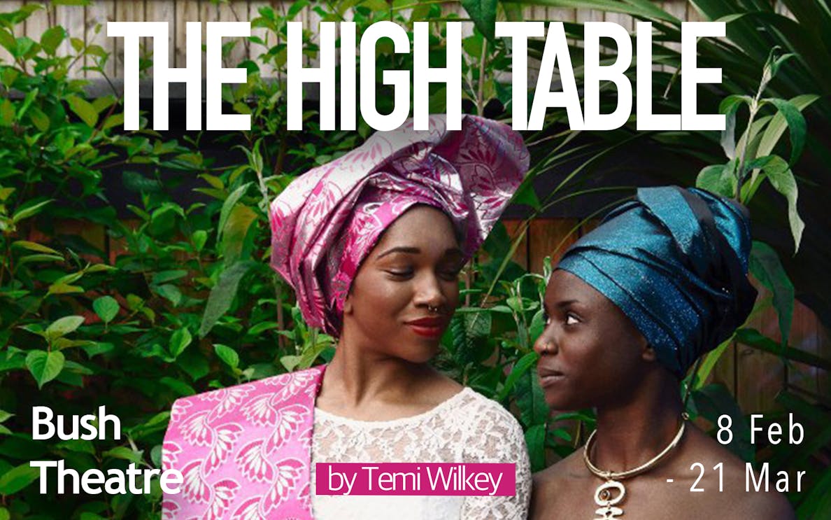Two people in colorful headwraps at Bush Theatre for "The High Table" by Temi Wilkey.