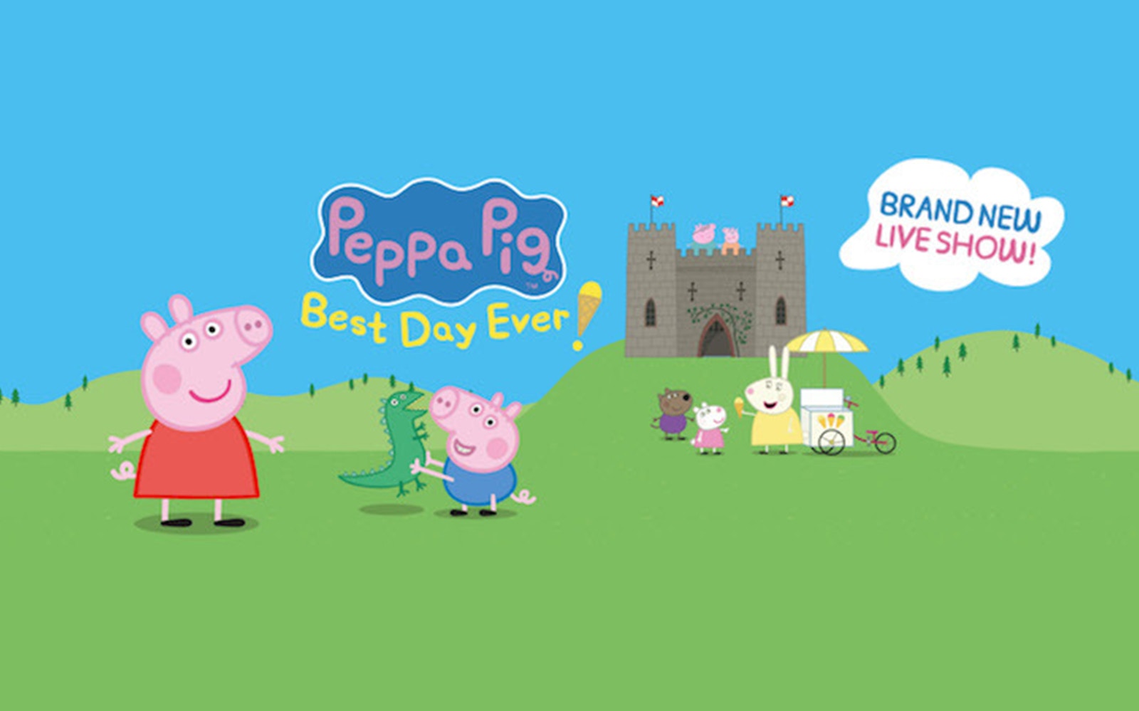 Peppa Pig and family enjoying a theme park ride in London, part of the "Best Day Ever!" tour.