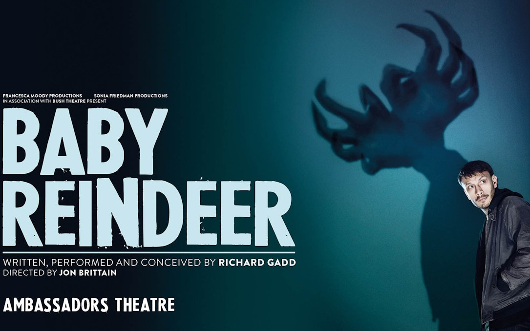 Baby Reindeer show poster at Ambassadors Theatre with shadowy antlers.