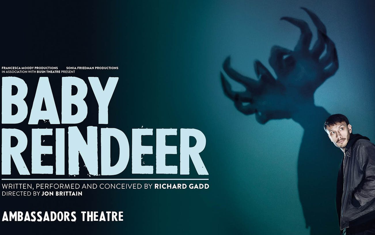 Baby Reindeer show poster at Ambassadors Theatre with shadowy antlers.