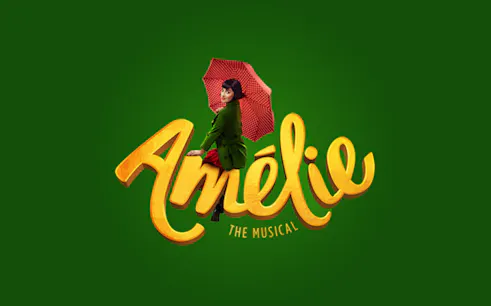 Amelie The Musical logo with character holding a red umbrella.