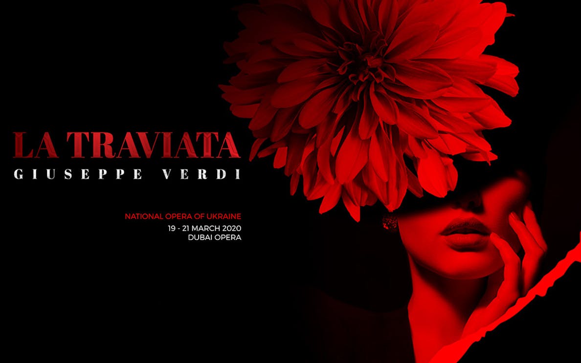 La Traviata opera poster with red flower and woman's face, Dubai Opera event.