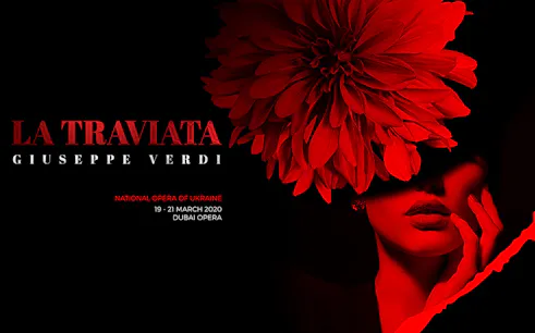 La Traviata opera poster with red flower and woman's face, Dubai Opera event.