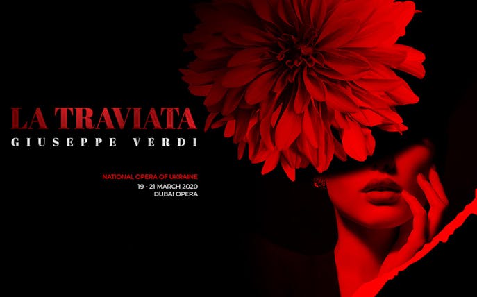 La Traviata opera poster with red flower and woman's face, Dubai Opera event.