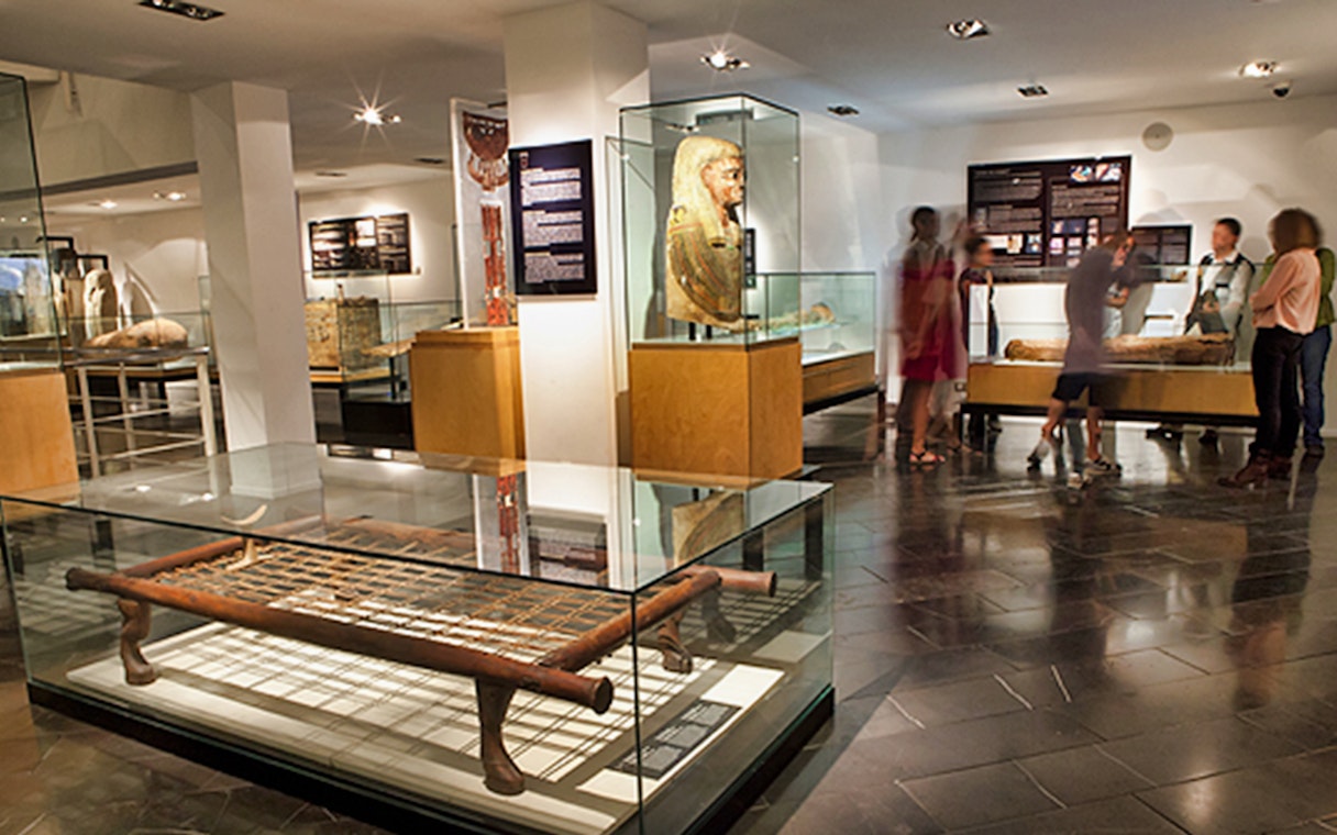 Visitors exploring exhibits at the Egyptian Museum, including ancient artifacts and displays.