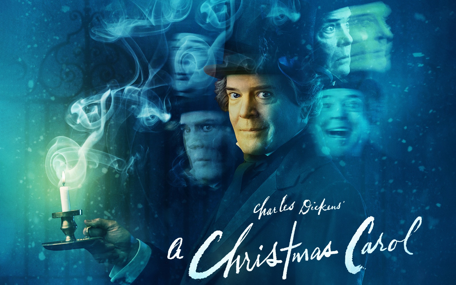 Man holding candle with ghostly figures in background, promoting "A Christmas Carol" experience.