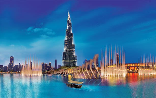 Burj Khalifa and Dubai Fountain at night, Dubai Honeymoon Package.