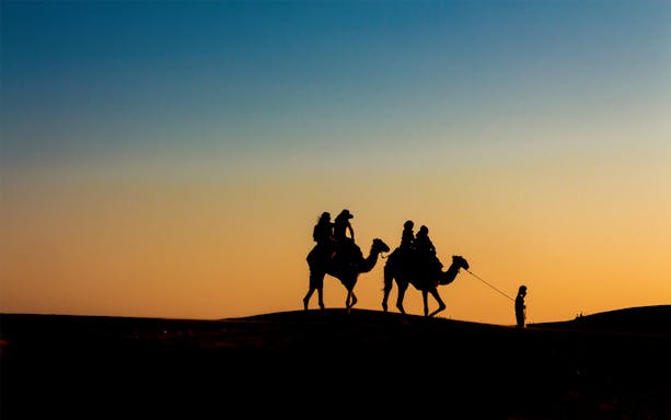 Camel ride at sunset in the Emirates desert.