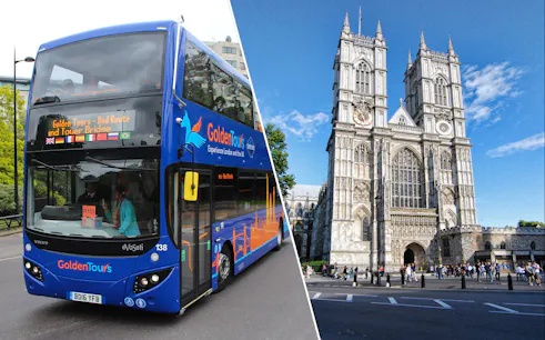 Golden Tours bus in London and Westminster Abbey facade.