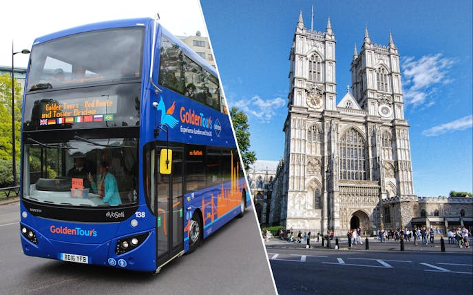 Golden Tours bus in London and Westminster Abbey facade.