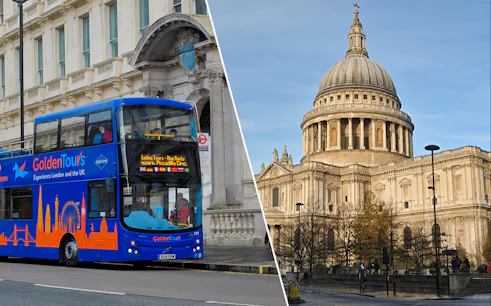 Golden Tours bus in London and St Paul's Cathedral.