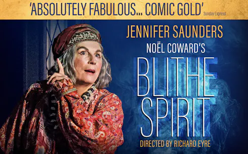 Noël Coward's "Blithe Spirit" poster featuring a character in colorful attire.