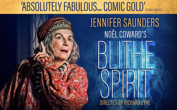 Noël Coward's "Blithe Spirit" poster featuring a character in colorful attire.
