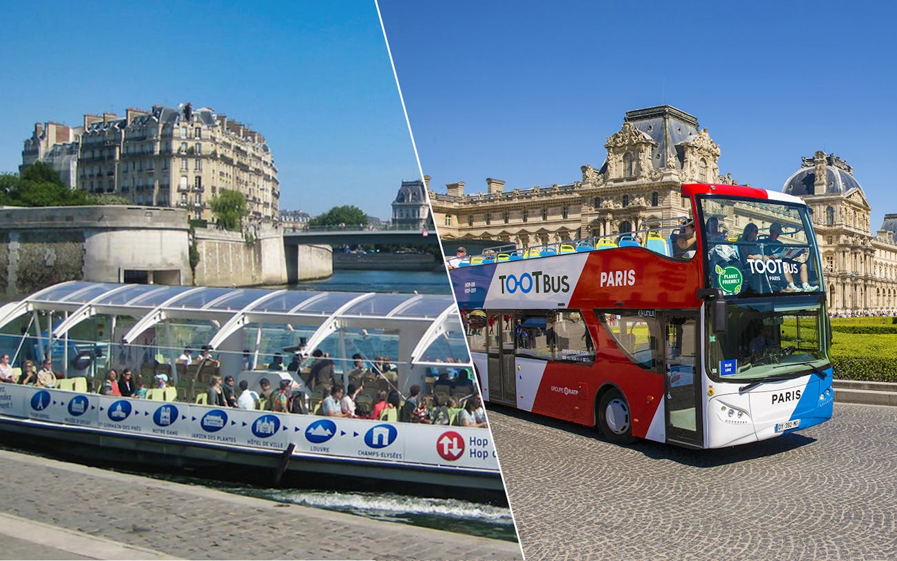 Hop-on-hop-off bus and Batobus cruise on the Seine in Paris.