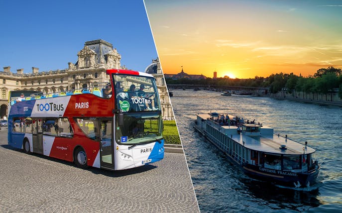 Tootbus in front of the Louvre and a Seine River cruise at sunset in Paris.