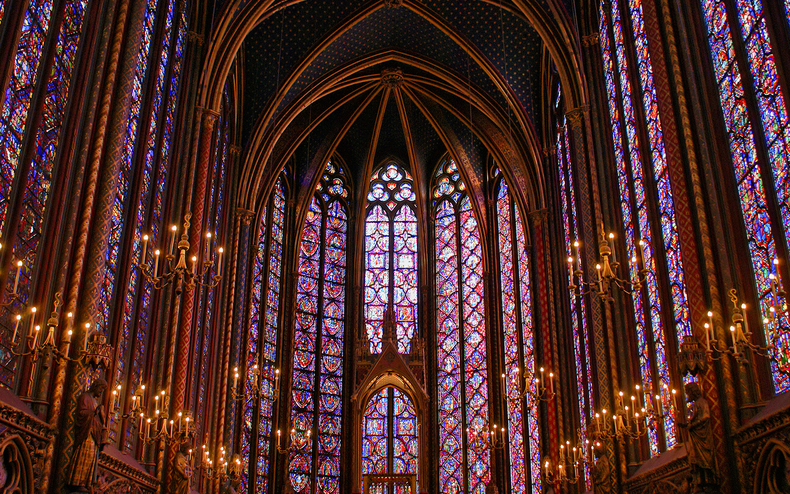 Sainte Chapelle stained glass windows on Ile de la Cité during guided tour in Paris.